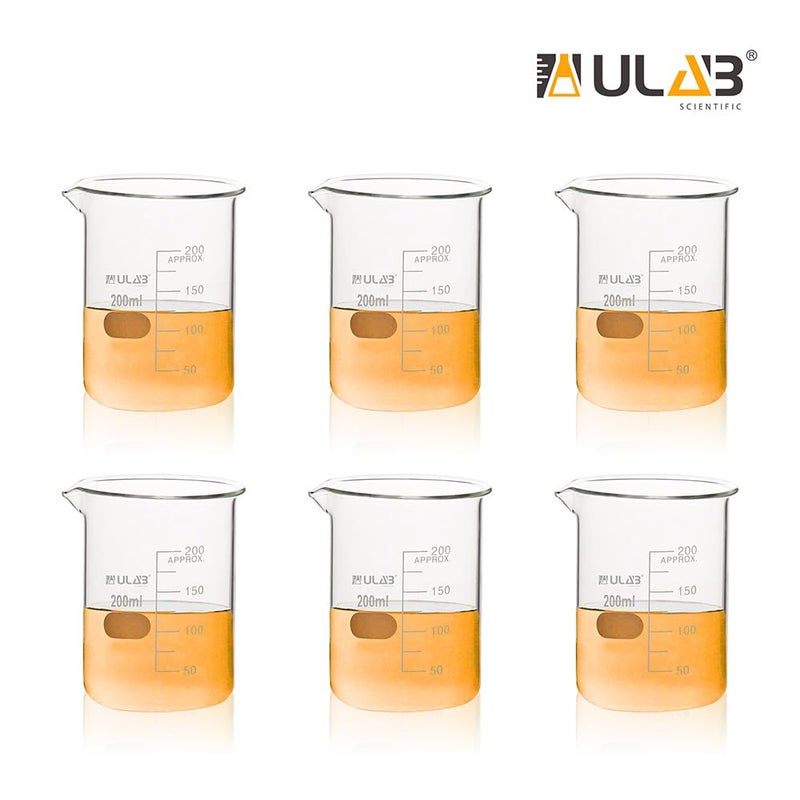 ULAB Scientific Glass Beaker Set, Vol. 200ml, 3.3 Borosilicate Griffin Low Form with Printed Graduation, Pack of 6, UBG1022 - Image 3